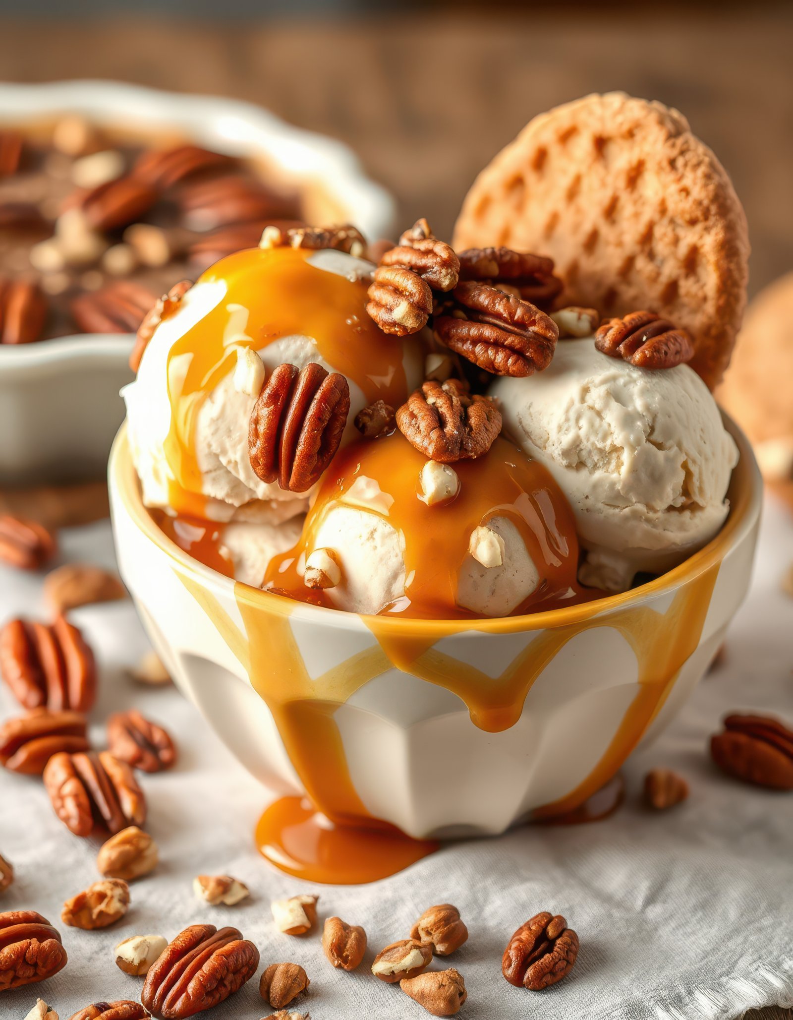 Delicious homemade ice cream topped with caramel sauce and pecans on a wooden table